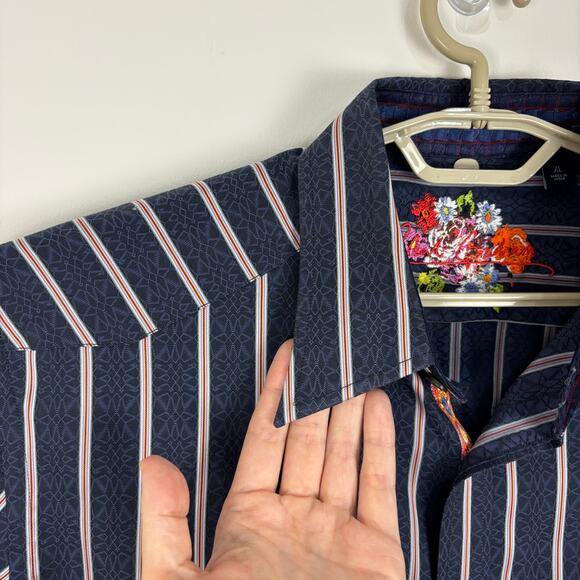 Robert Graham Flip Cuff Floral Embroidered Blue Striped Button Shirt XL cotton - Picture 3 of 11